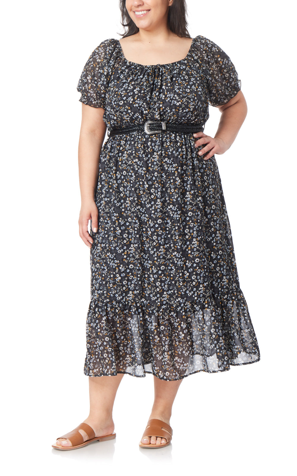 Kendra Chiffon Belted Puff Sleeve Midi Dress