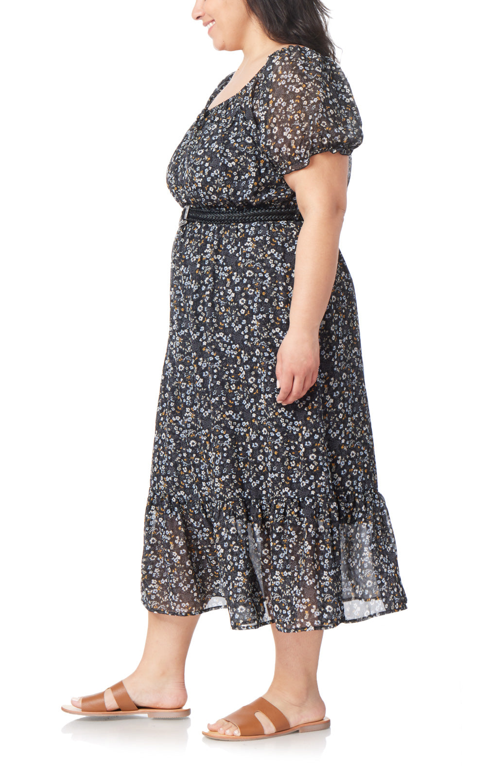 Kendra Chiffon Belted Puff Sleeve Midi Dress