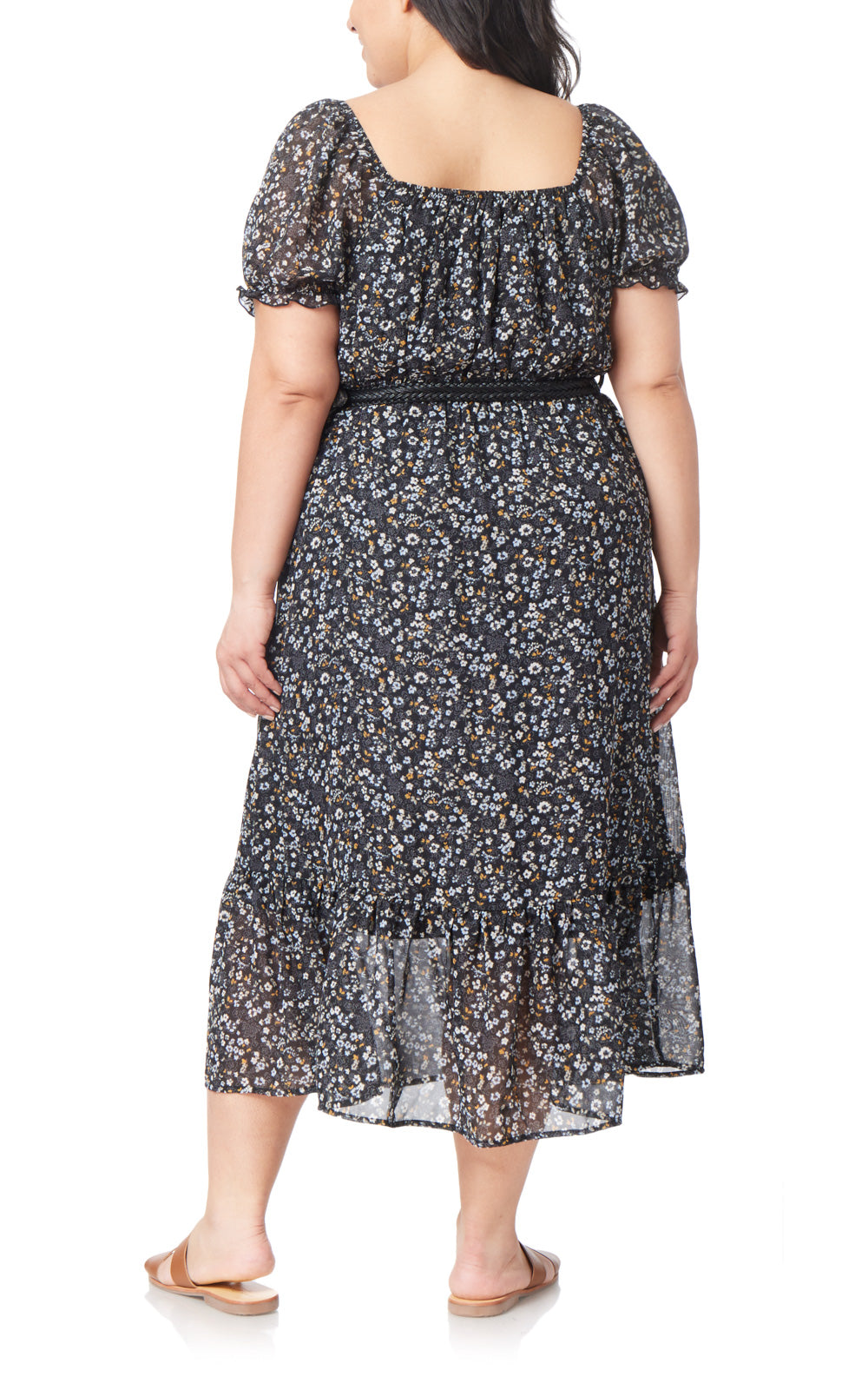 Kendra Chiffon Belted Puff Sleeve Midi Dress