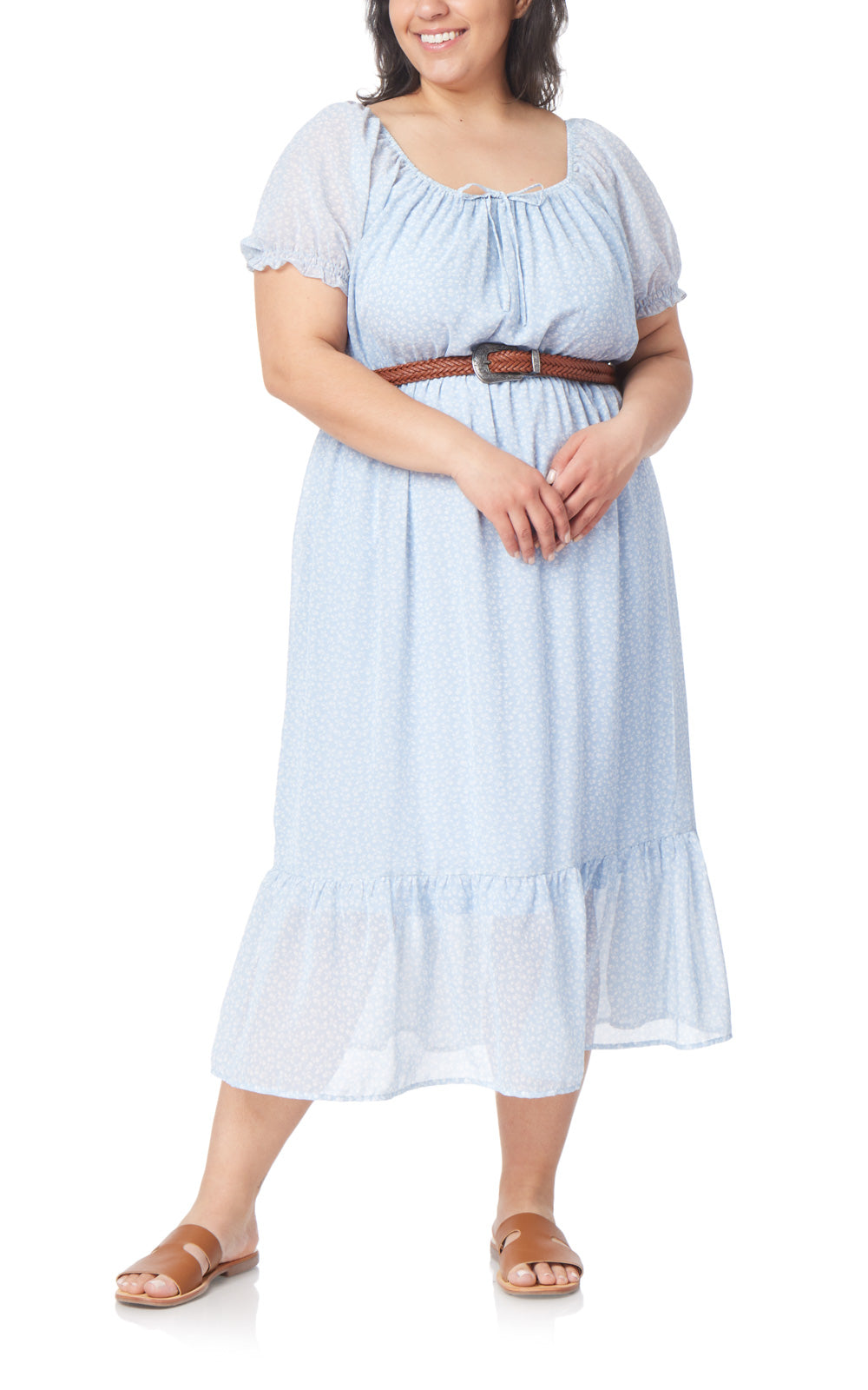 Kendra Chiffon Belted Puff Sleeve Midi Dress