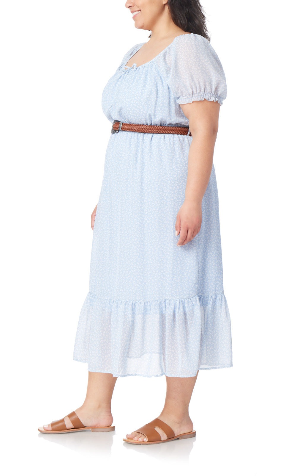 Kendra Chiffon Belted Puff Sleeve Midi Dress