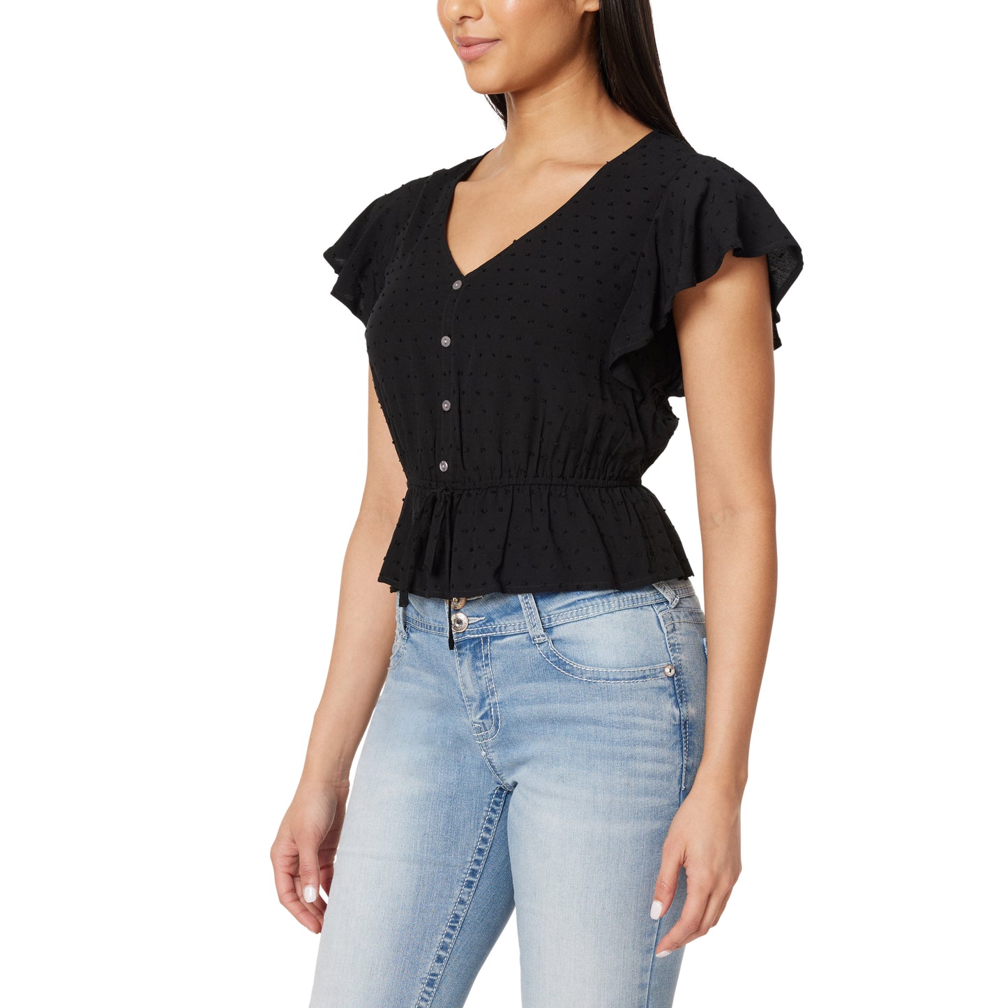 Adrianne Flutter Sleeve Swiss Dot Peplum Top