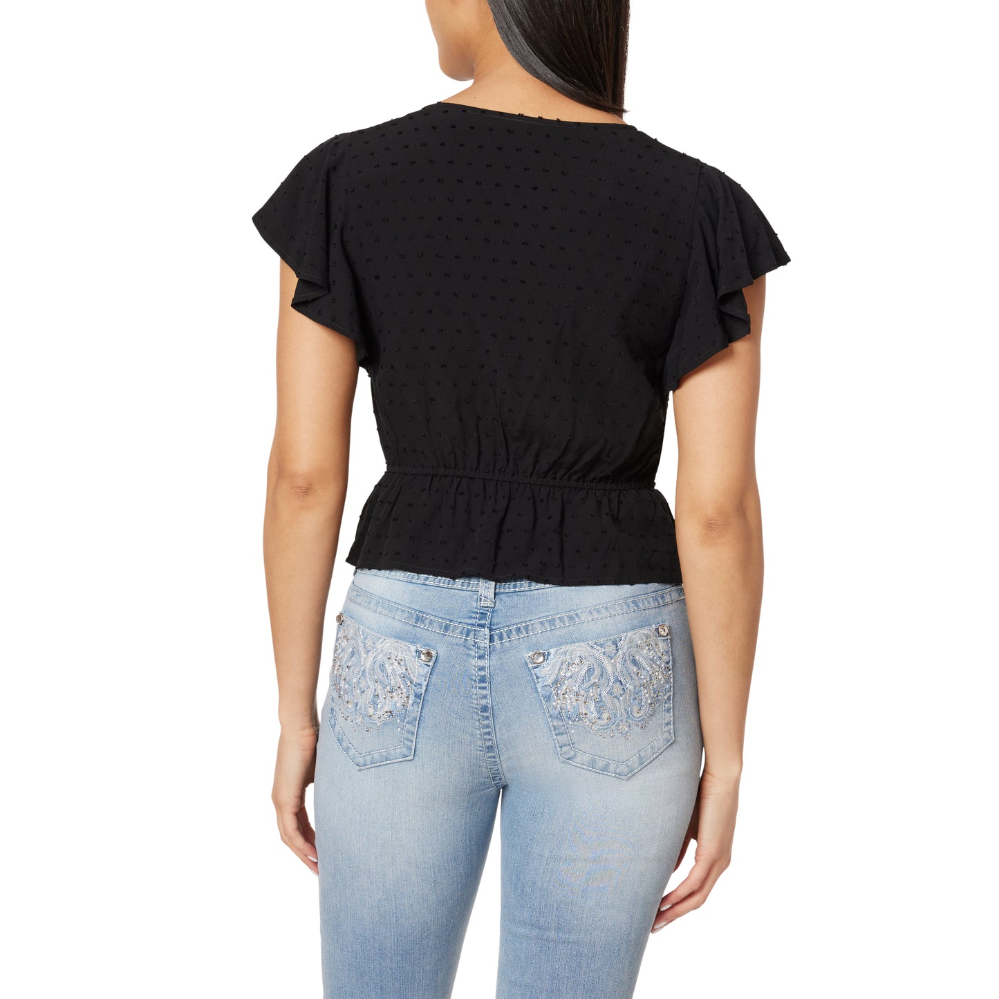 Adrianne Flutter Sleeve Swiss Dot Peplum Top