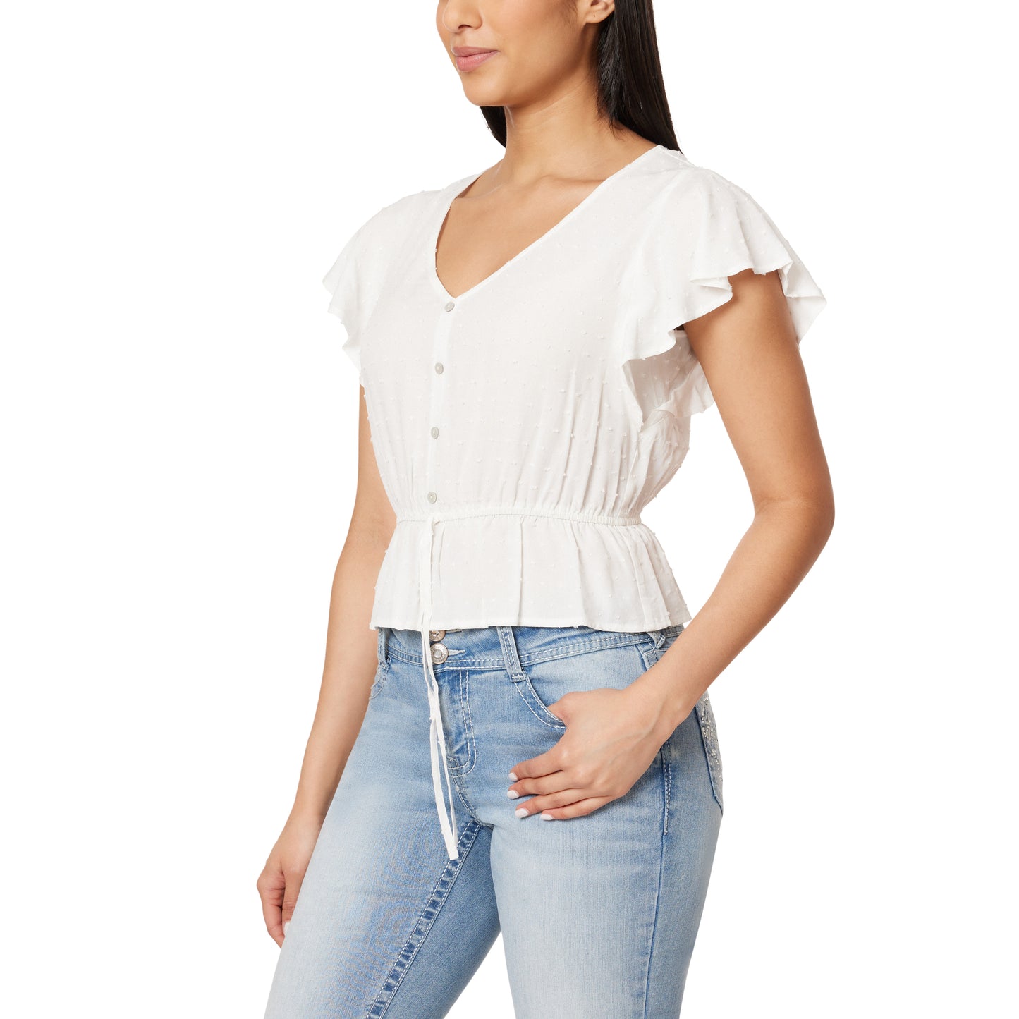 Adrianne Flutter Sleeve Swiss Dot Peplum Top