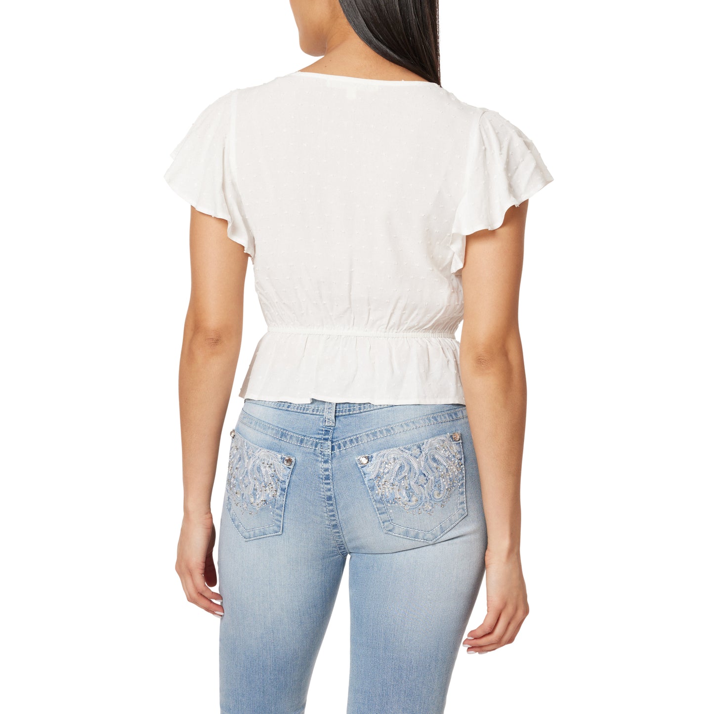 Adrianne Flutter Sleeve Swiss Dot Peplum Top